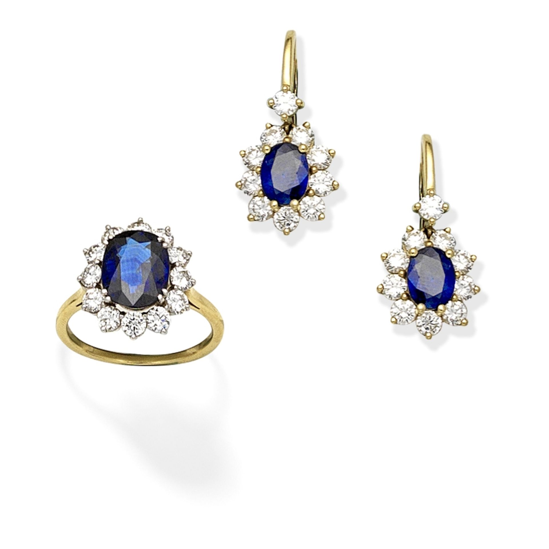 SAPPHIRE AND DIAMOND CLUSTER RING AND EARRINGS