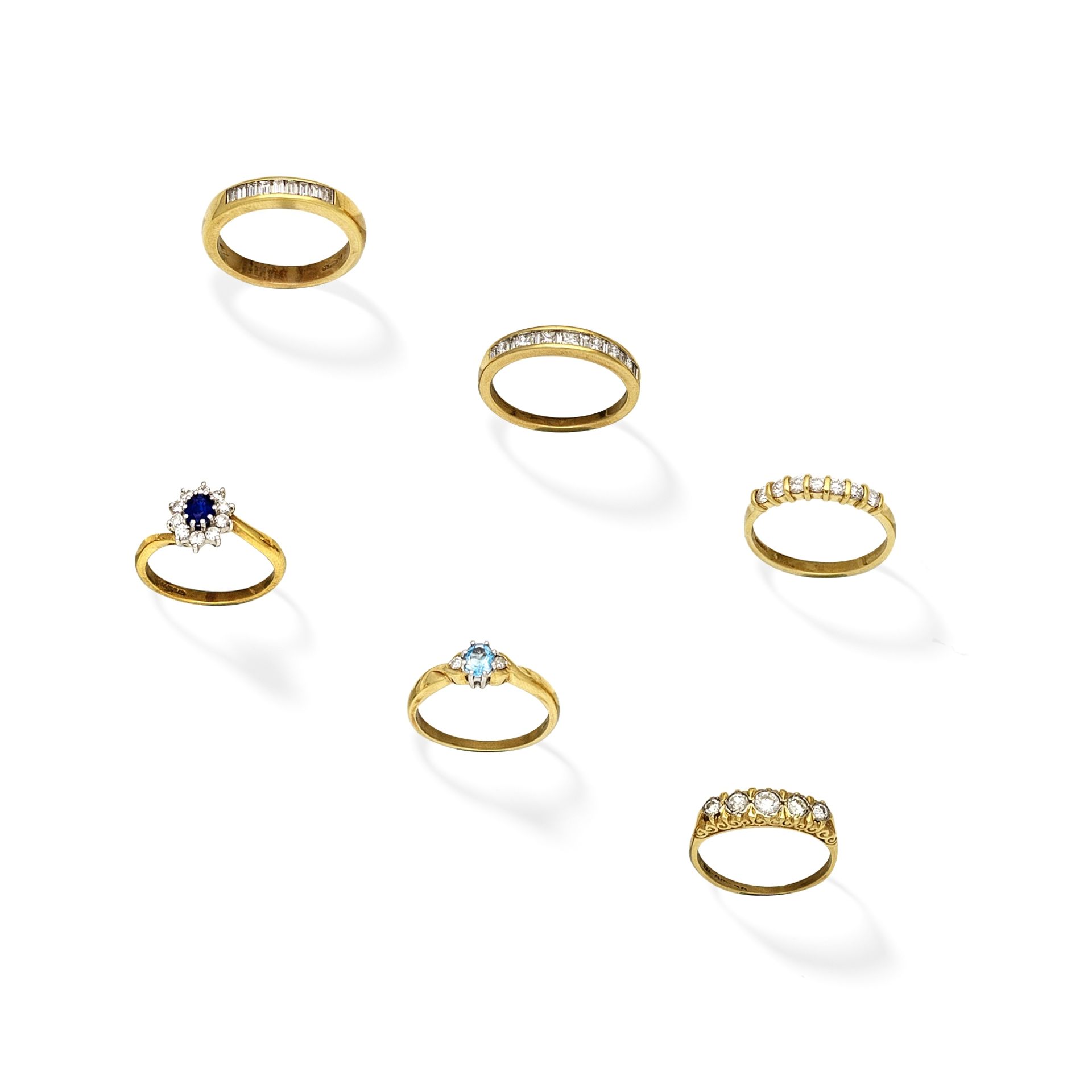 COLLECTION OF GEM-SET AND DIAMOND RINGS (6)