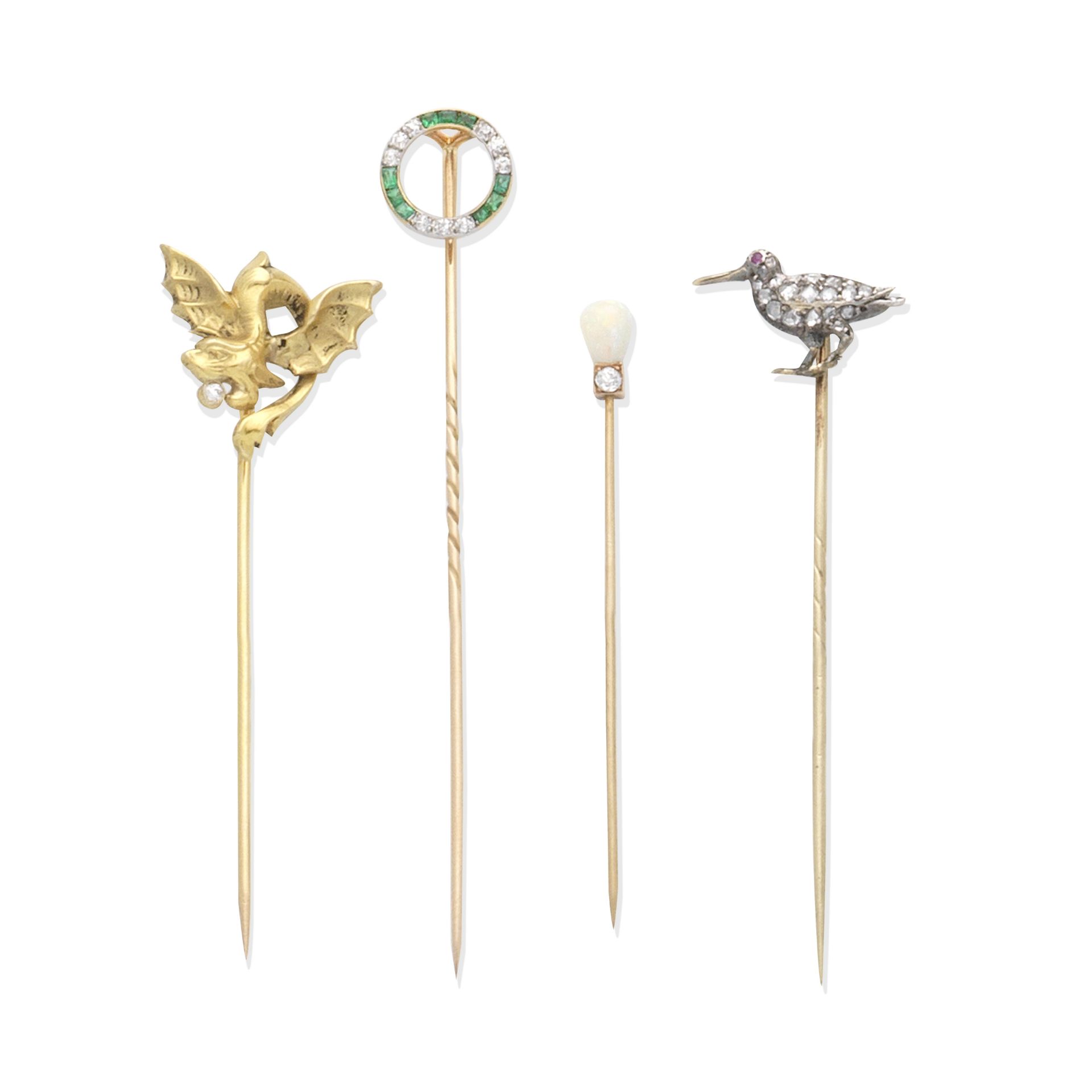 FOUR GEM-SET STICK PINS (4)