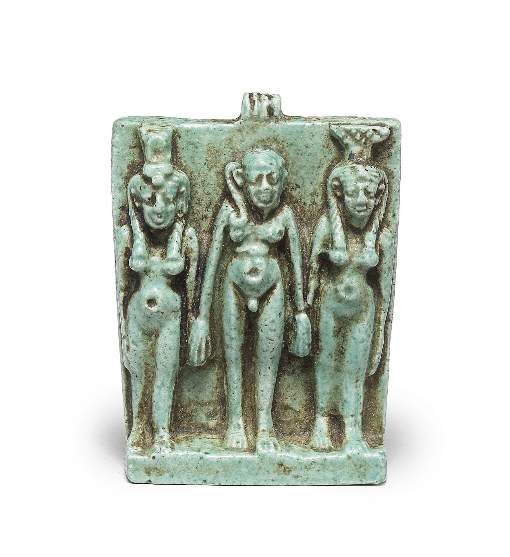 An Egyptian turquoise faience triad plaque