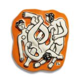 After Fernand L&#233;ger (1881-1955) Les Acrobates sur fond orange Painted and glazed ceramic rel...