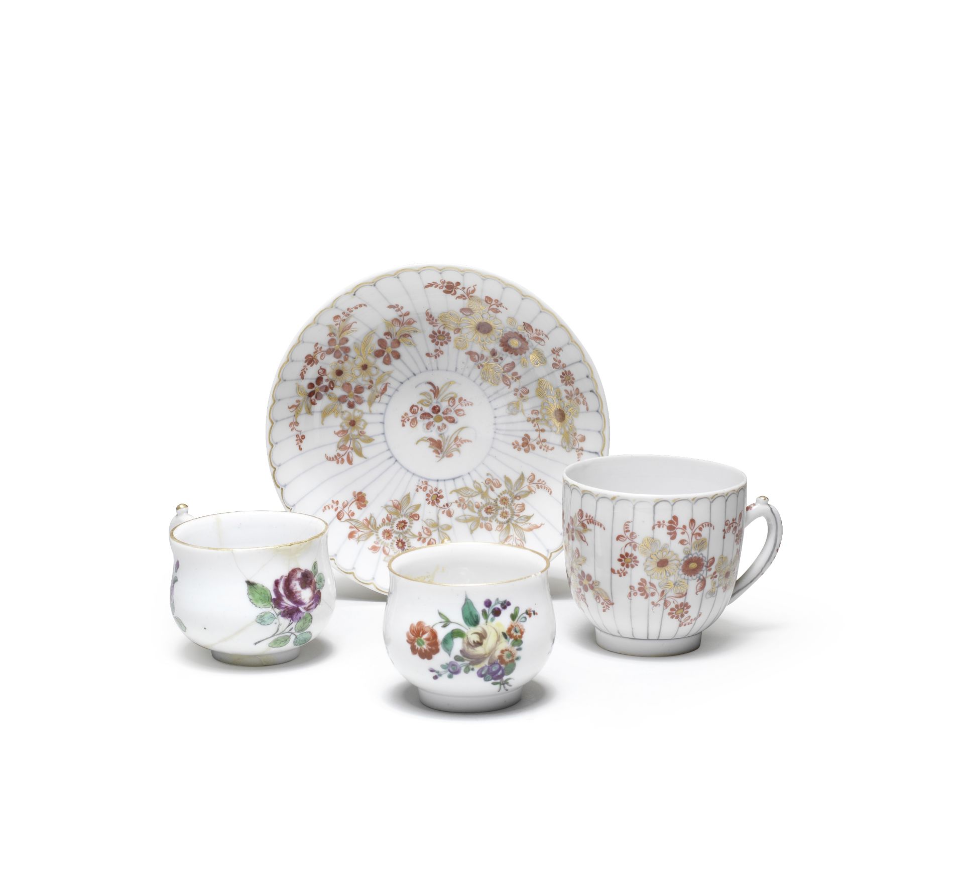 A Cozzi cup and saucer, together with two Cozzi bouillon cups, circa 1760-70