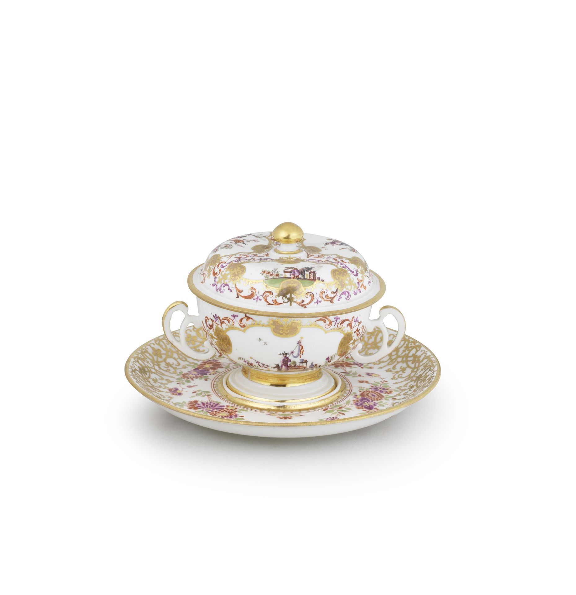 A Meissen two-handled bowl, cover and stand, circa 1725