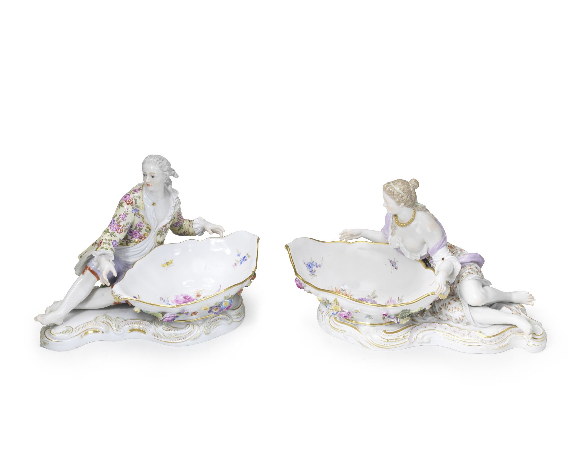 A pair of large Meissen figures with sweetmeat dishes, late 19th century