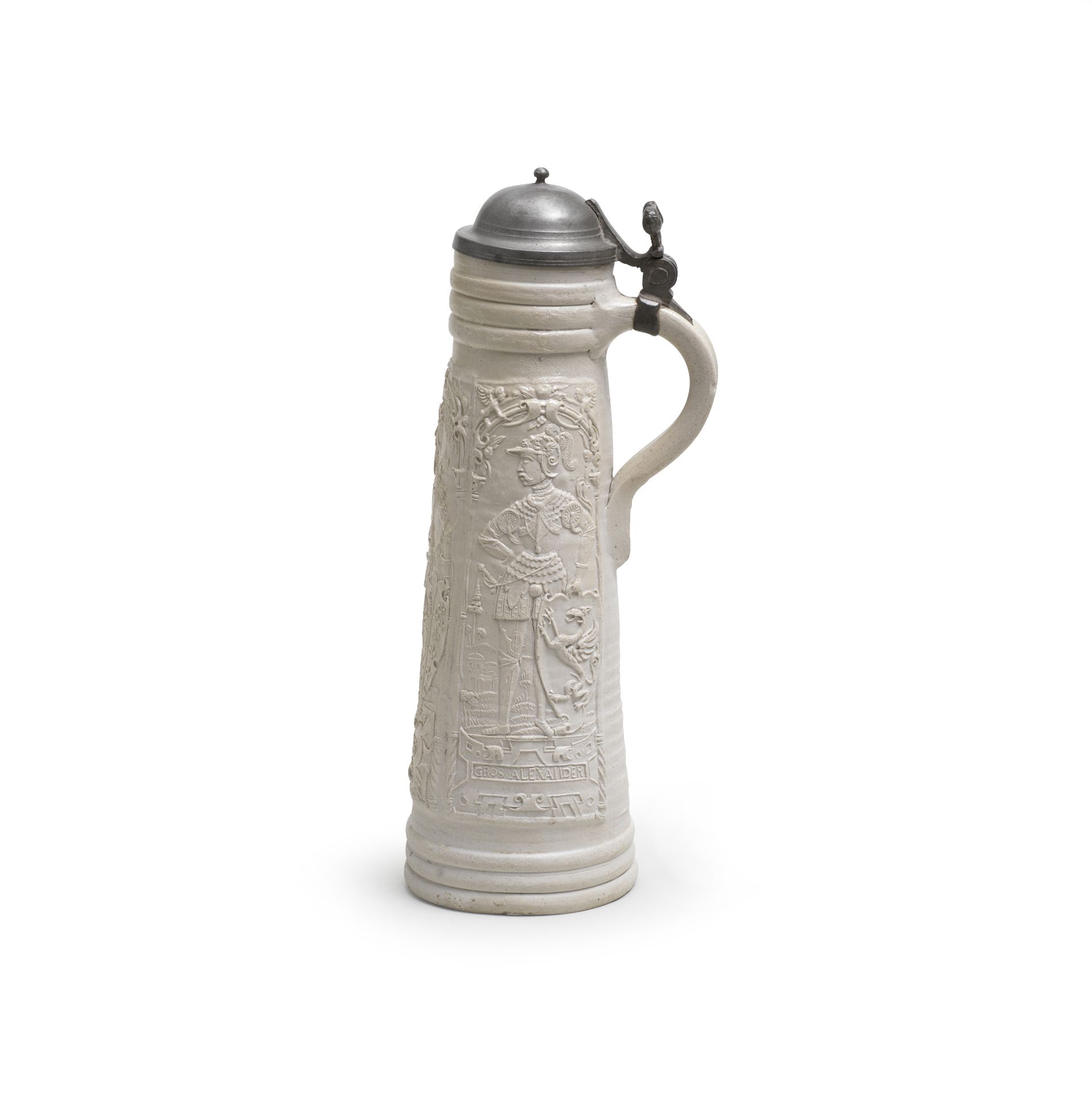 A rare Siegburg stoneware pewter-mounted tankard (Schnelle), circa 1560-70