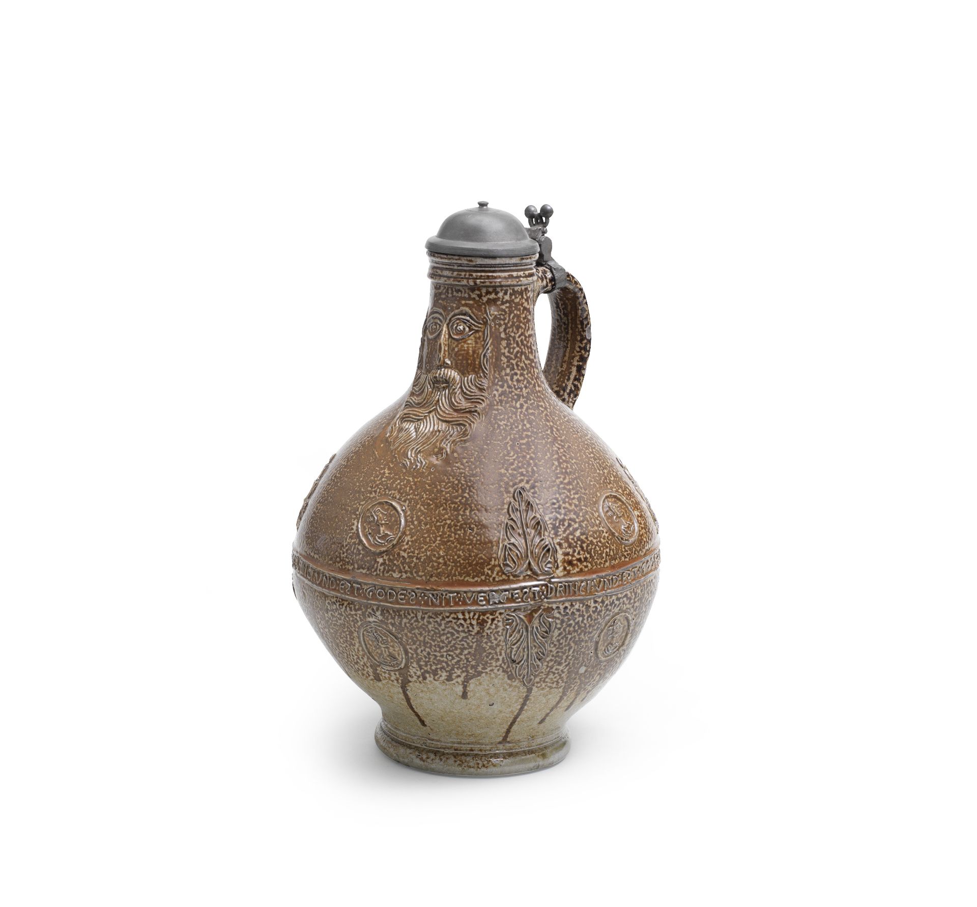 A large Cologne/Frechen stoneware pewter-mounted jug (Bartmannskrug), late 16th century
