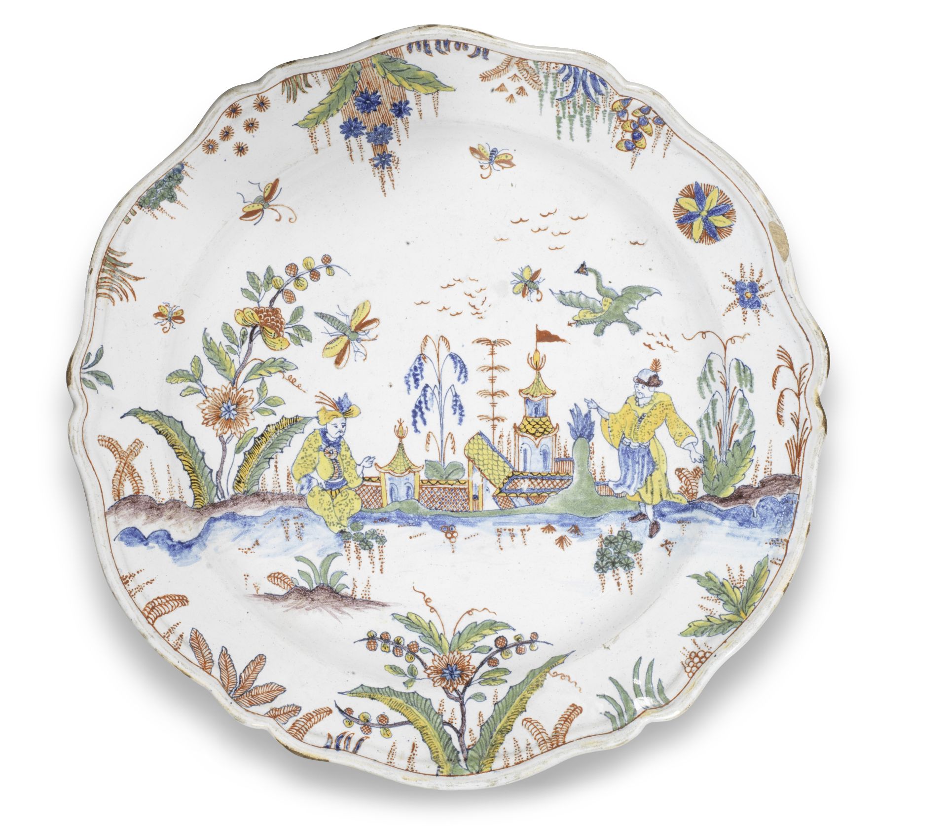 A Sinceny or Rouen faience dish with chinoiserie figures, circa 1740