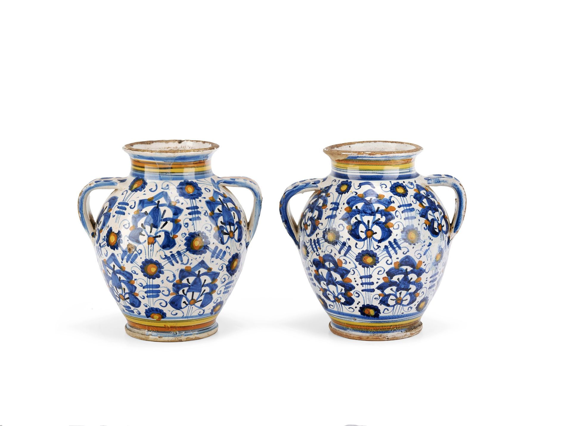 A pair of Montelupo maiolica two-handled jars, end of 16th century
