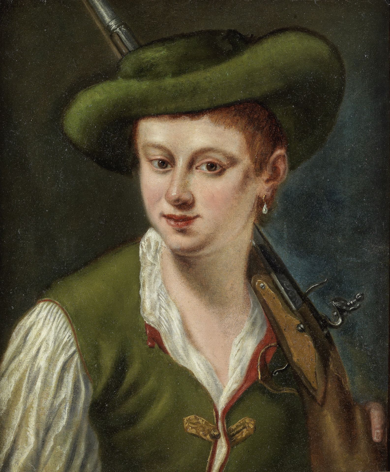 Venetian School, 18th Century Portrait of a hunter with a rifle over his shoulder