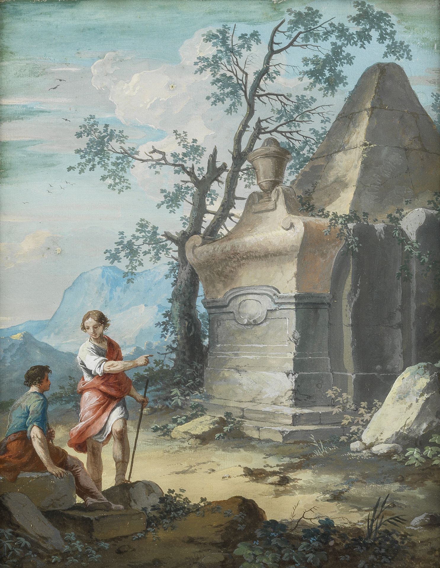 Circle of Giovanni Battista Busiri (Rome 1698-1757) Figures resting before a fountain in a mounta...