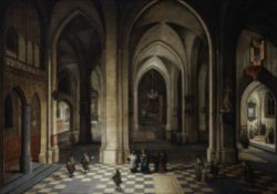 Peeter Neeffs the Younger (Antwerp 1620-1675) The interior of a cathedral at night, with elegant ...