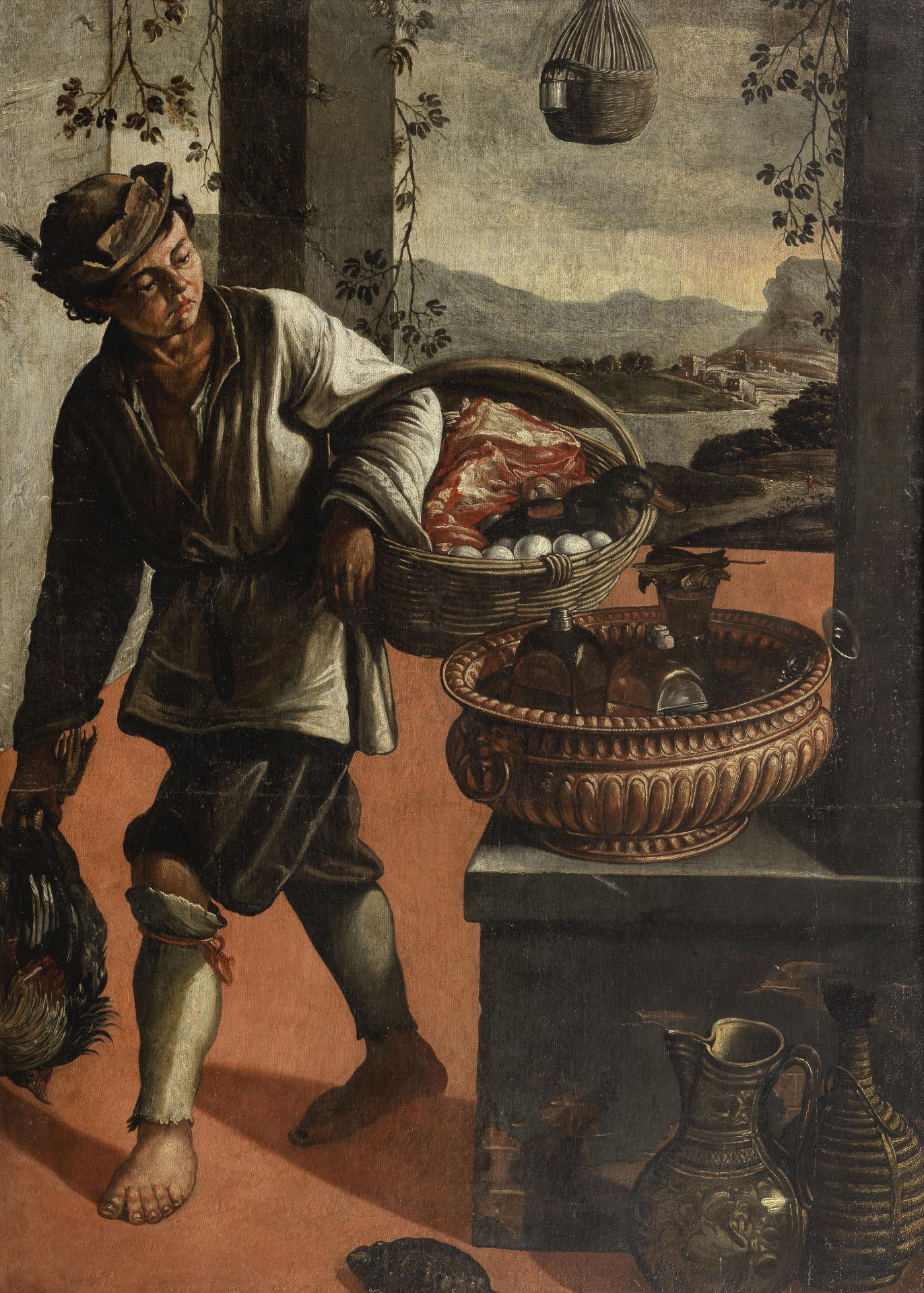 Circle of Vincenzo Campi (Cremona 1532-1591) A kitchen boy with a chicken and a basket, before a ...