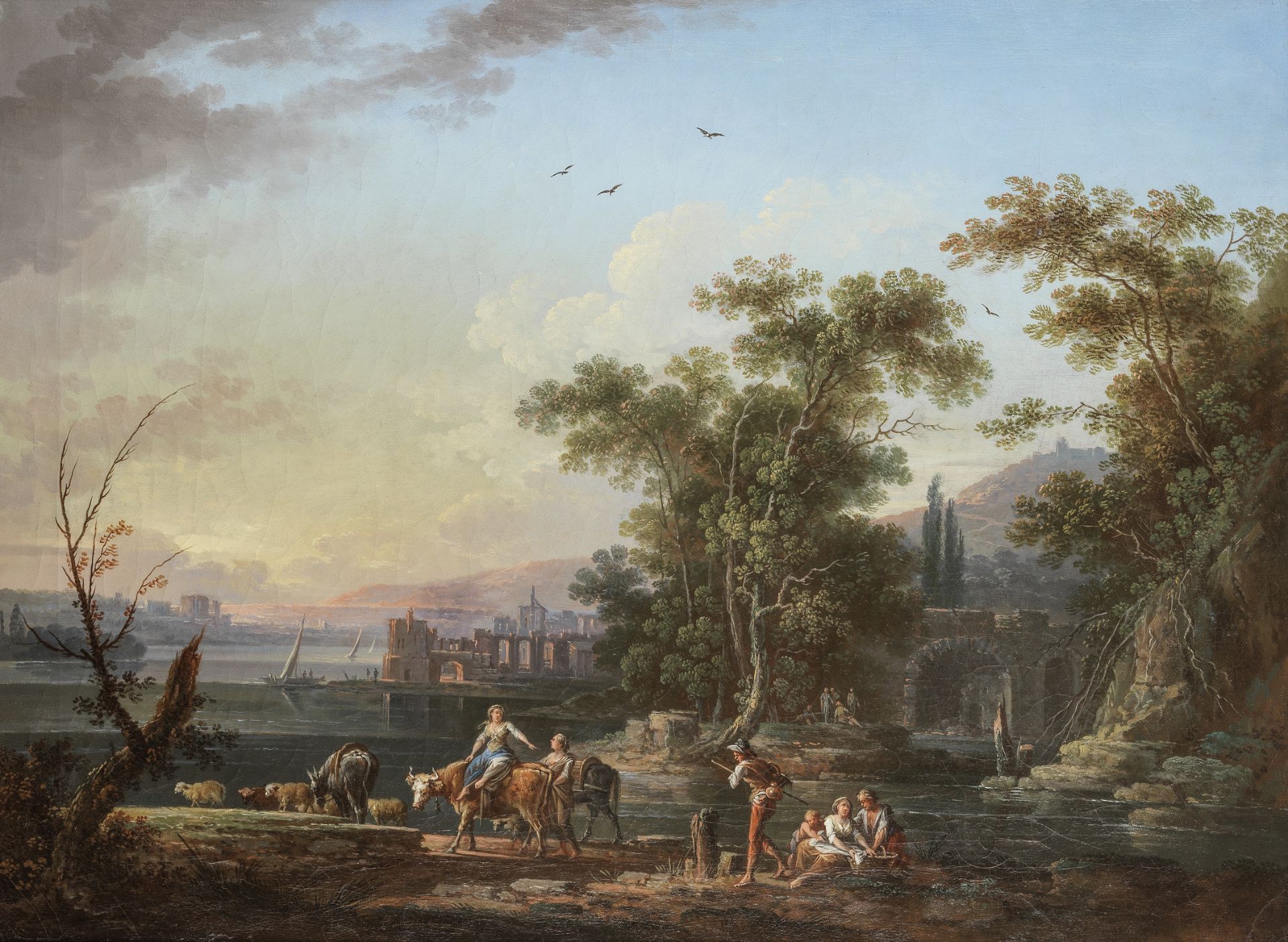 Jean Baptiste Charles Claudot (Badonviller 1733-1805 Nancy) A river landscape with drovers at dus...