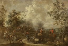 Attributed to Pieter Meulener (Antwerp 1602-1654) A cavalry skirmish before an extensive landscape