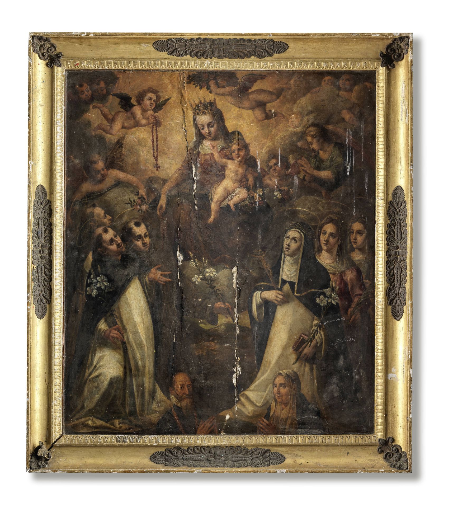 Spanish School, 16th Century The Madonna and Child surrounded by Saints with two donors