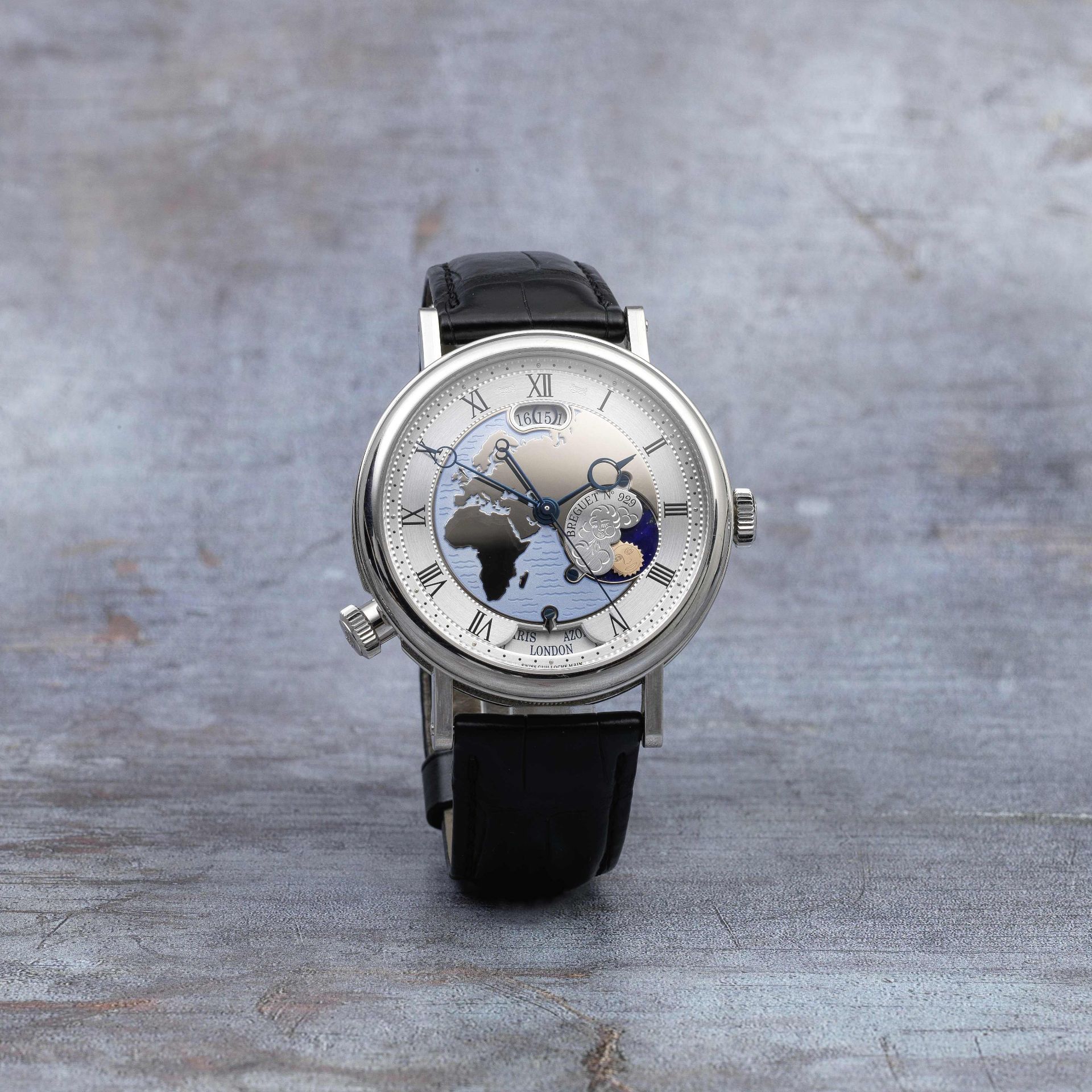 Breguet. A fine platinum automatic calendar wristwatch with world time and day/night indication ...