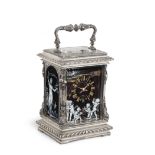 A fine and very rare late 19th century French petite sonnerie striking silvered carriage clock se...