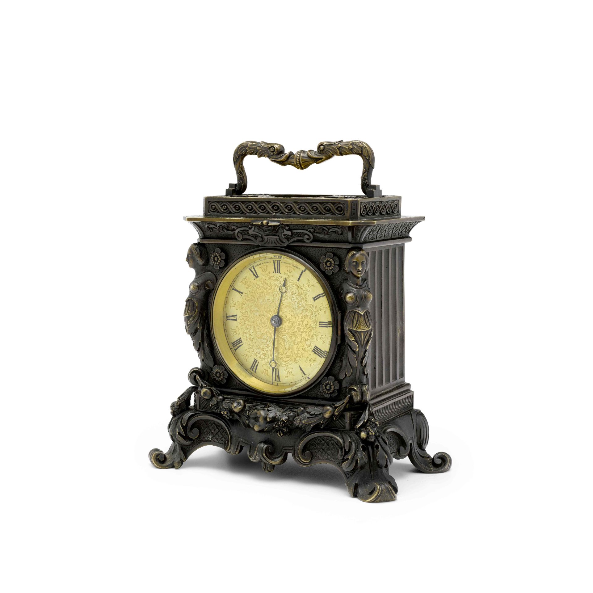 A second quarter of 19th century patinated bronze Rococo Revival repeating carriage clock French...