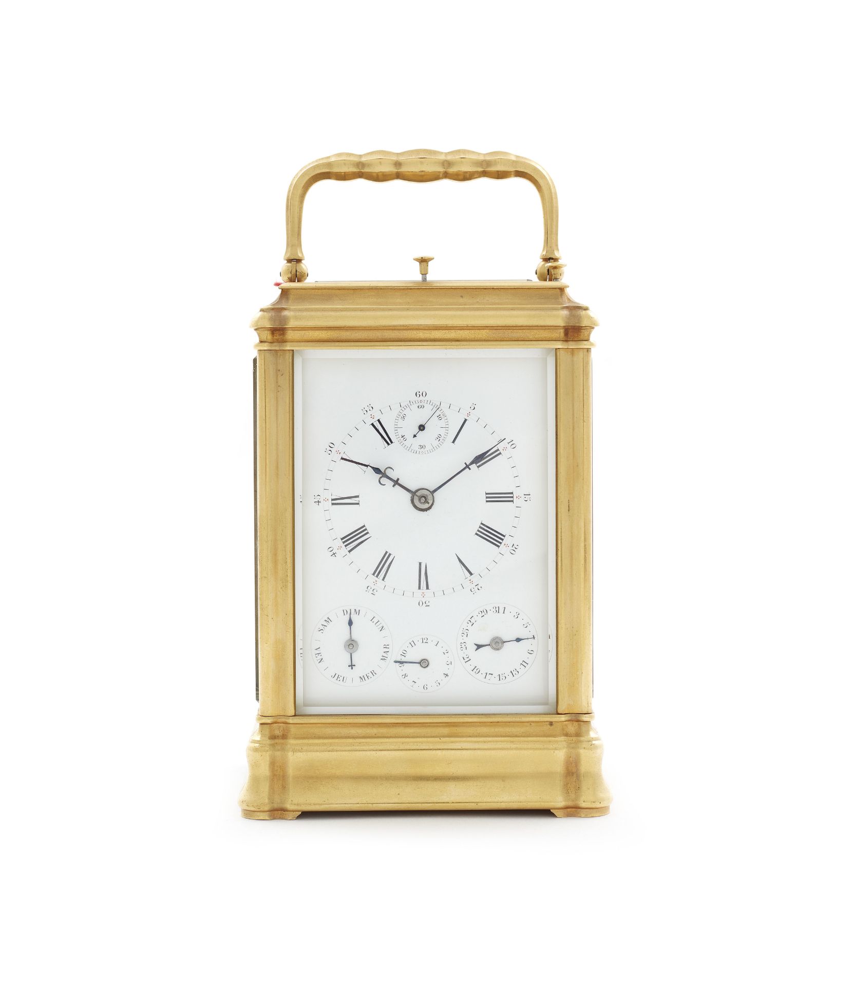 A fine and rare French brass grande sonnerie carriage clock with running seconds, days of the wee...