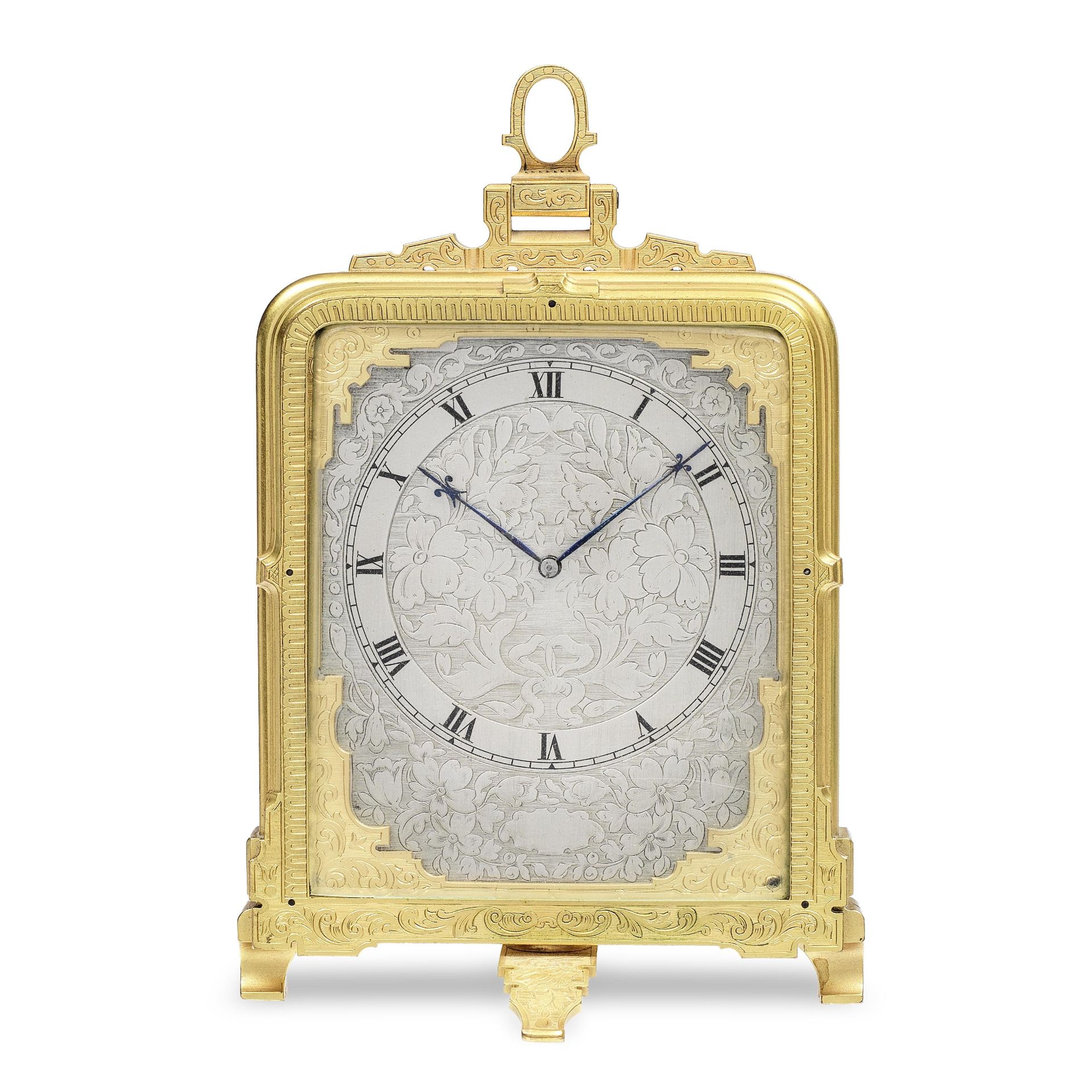 A good mid 19th century gilt and engraved brass strut timepiece Retailed by London & Ryder, 17 Ne...