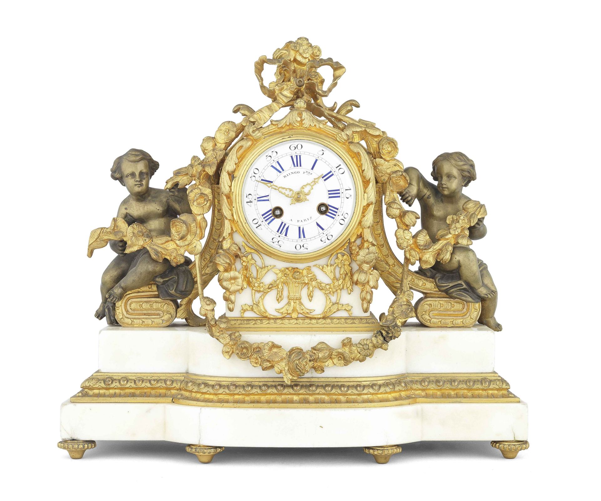 A mid 19th century French ormolu mounted white marble mantel clock Raingo Freres A Paris, case an...