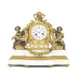 A mid 19th century French ormolu mounted white marble mantel clock Raingo Freres A Paris, case an...