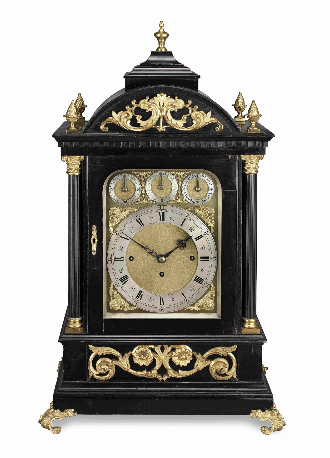 An impressive late 19th century quarter chiming ebonised table clock with deadbeat escapement and...
