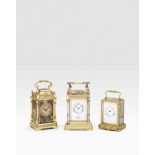 A mid 19th century French gilt bronze one-piece cased bell-striking carriage clock with early pla...