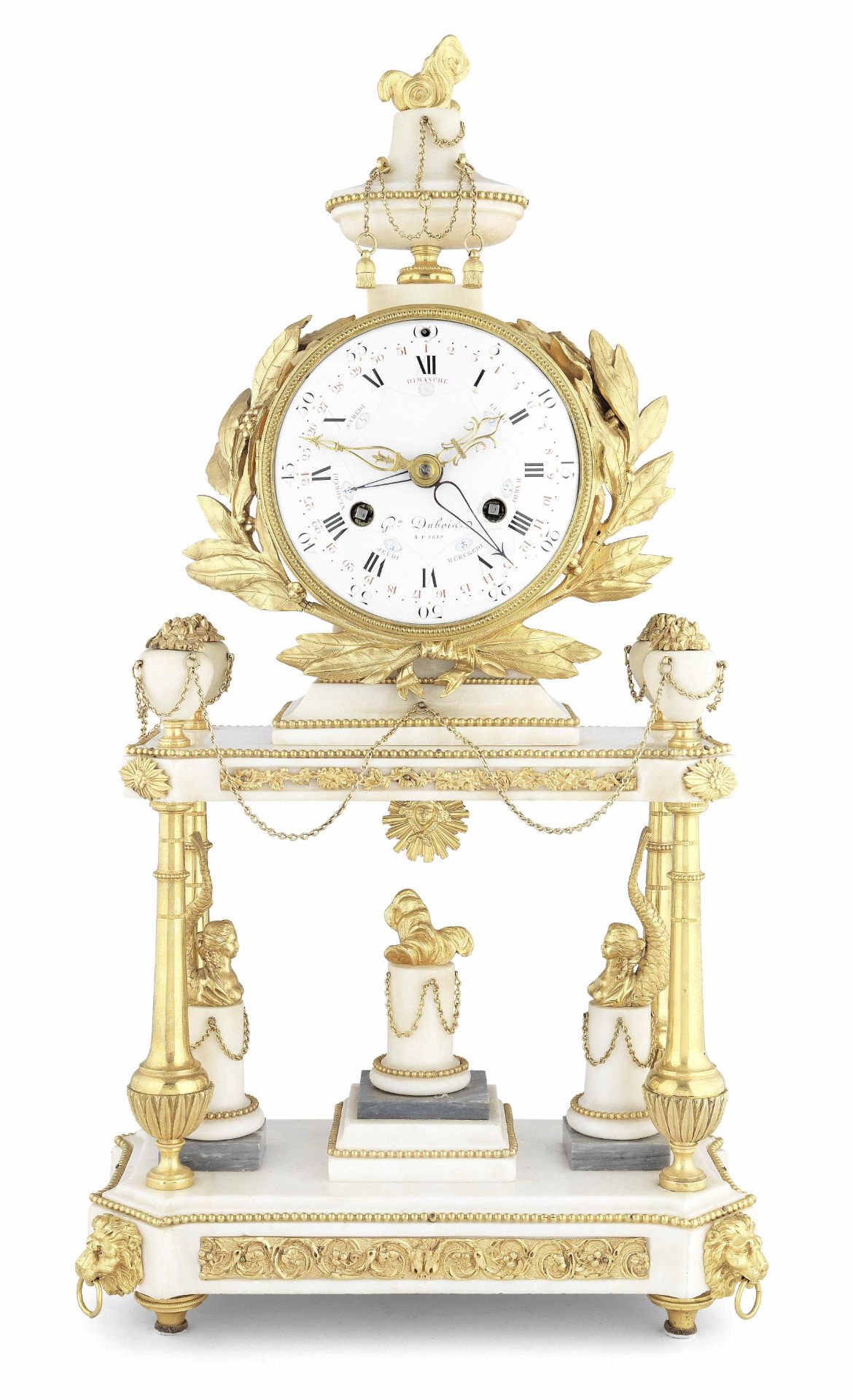 A good late 18th century French ormolu and marble portico mantel clock with date and day of the w...