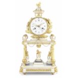 A good late 18th century French ormolu and marble portico mantel clock with date and day of the w...