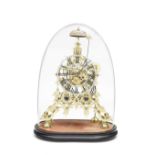 A large 19th century lacquered brass skeleton clock with lever escapement and original dome Signe...