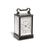 A FINE AND VERY RARE ENGLISH PATINATED BRONZE CARRIAGE CLOCK WITH TWIN POWER RESERVES, CALENDAR A...