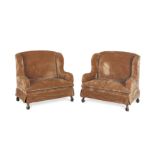 A pair of velvet upholstered wing back sofas In the George II style (2)