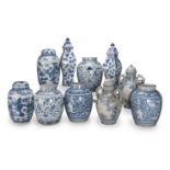 A collection of blue and white vases and covers (10)