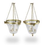 A pair of gilt brass three light hall lanterns (2)