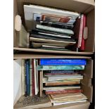 Two boxes of various art and design books which include: John Constable's Skies, World Theatre,