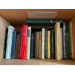 A Box of books which include Lectures on Literature by Thomas Carlyle, Verses on Various Occasions
