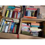 Four boxes of various books which includes titles such as Gin & Bitters by Jane Lane and Humorous