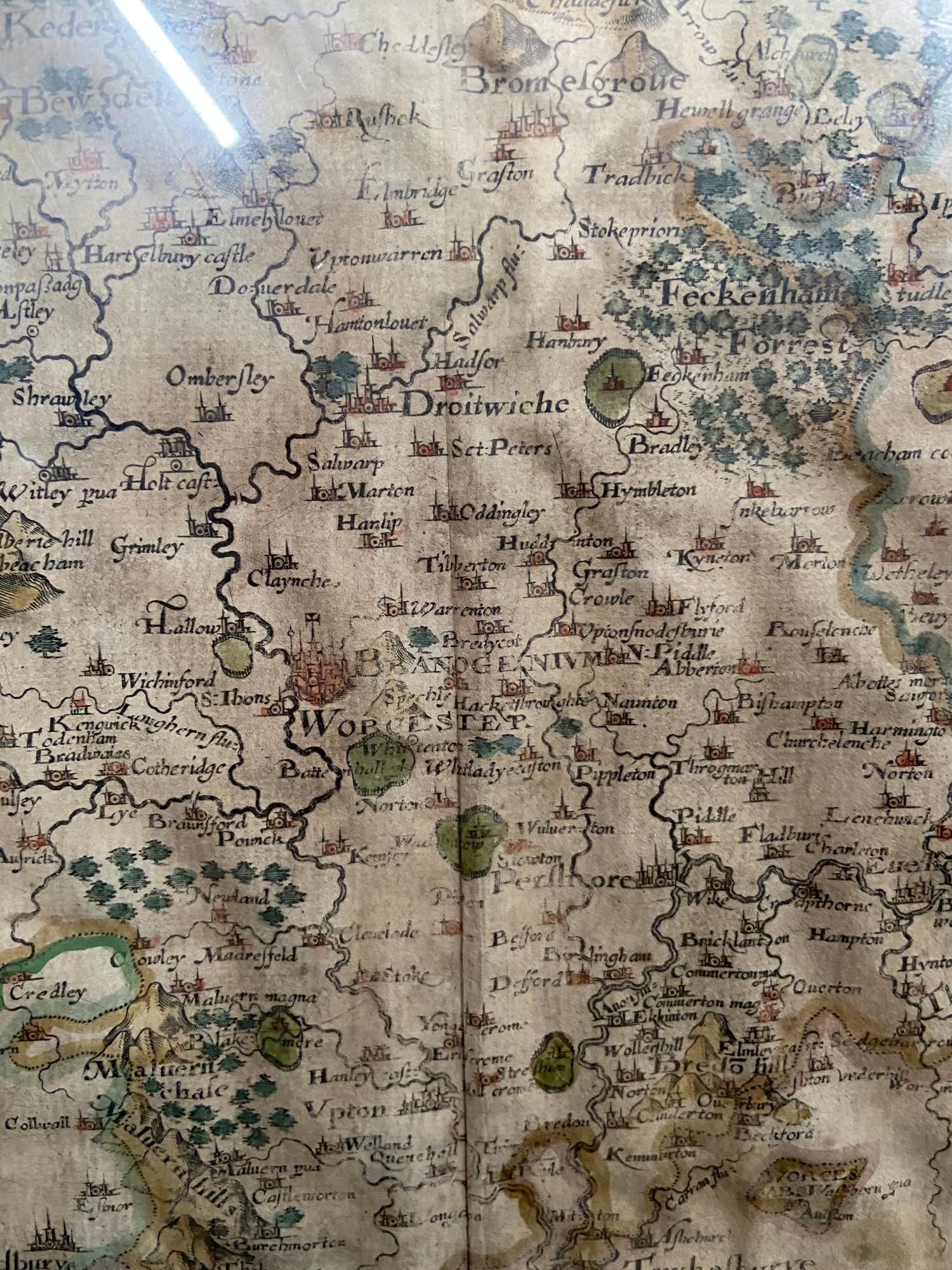 Antique 17th century 'WIGORNIENSIS COMITATUS SABRINAE' hand coloured Map (Worcestershire) by Saxton. - Bild 6 aus 7