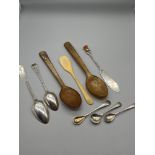 Three various bone/ antler porridge spoons, Two early Georgian tea spoons, Three silver condiment