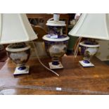 A Lot of three 19th century Derby Scottish scene table lamps. [Handles reduced]