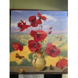 A well executed oil painting, still life of vase and poppies surrounded by various butterflies and