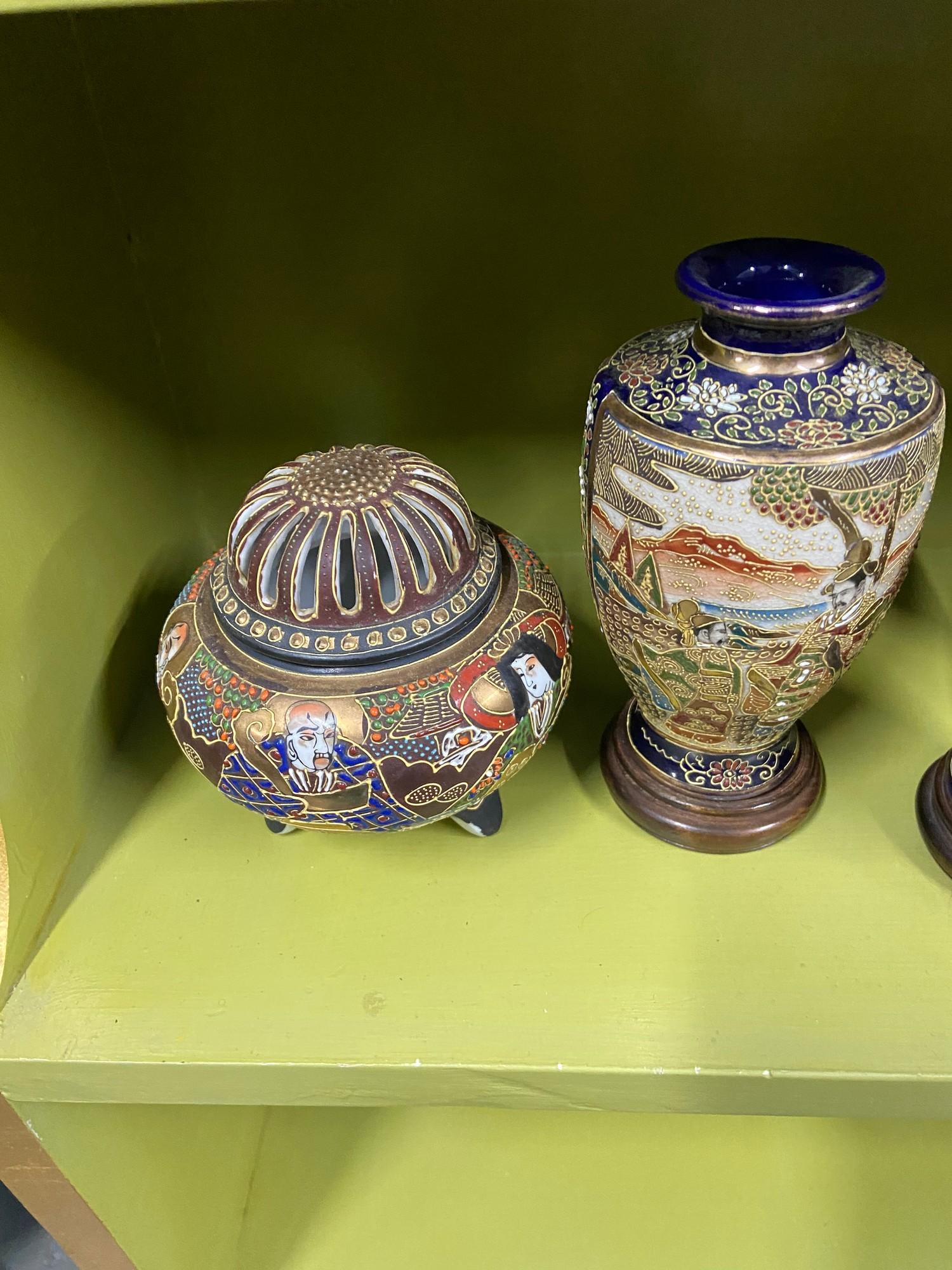 A Collection of Japanese Satsuma hand painted vases, plates and censor pots. Also includes a - Image 7 of 14