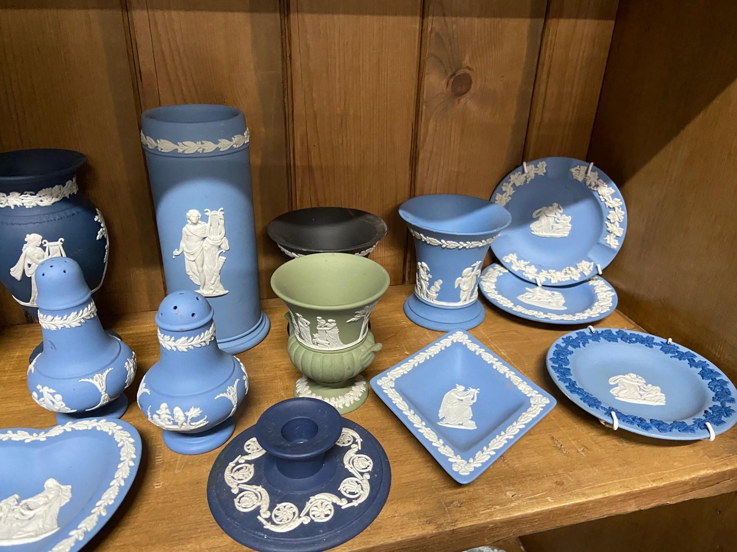 A Shelf of various Wedgwood Jasper ware vases, plates and cruets - Image 4 of 4