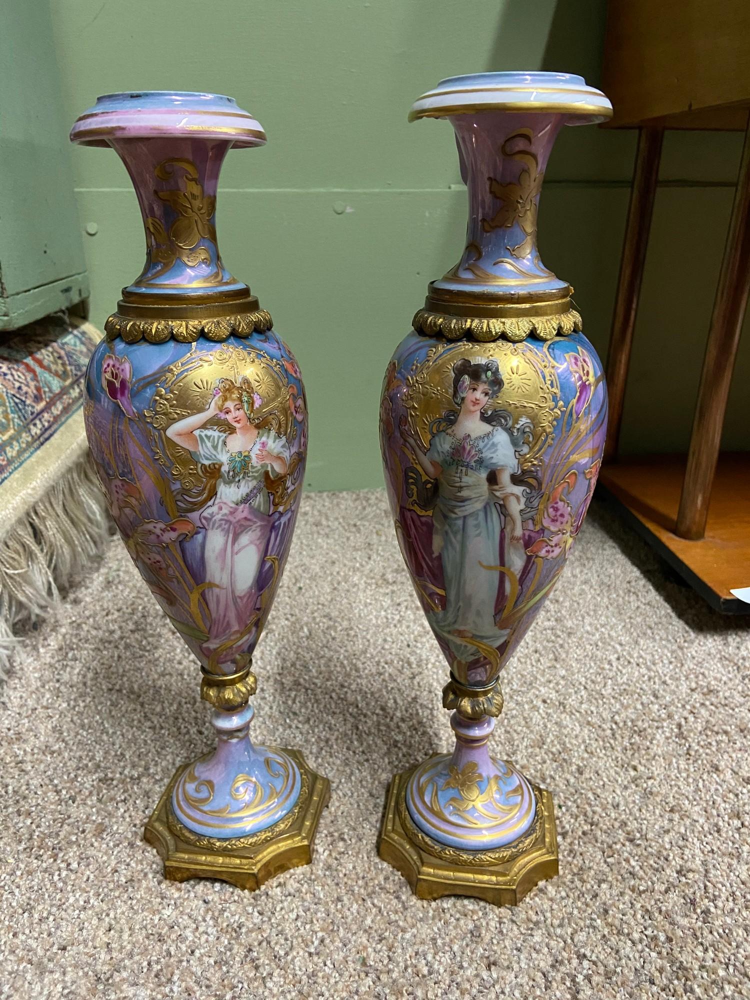 A Pair of antique French Sevres marked Art Nouveau and gilt ormolu design vases. [As Found]