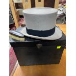 Antique Moss Bros grey felt top hat with carry case and brush