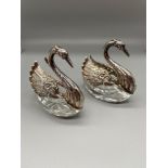 A Pair of Import London silver swan salt dishes. Designed with articulated wings and crystal cut
