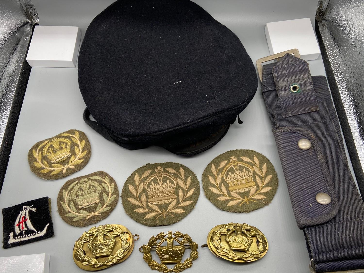 Royal Navy beret hat, Military belt, various number 2 dress fad rqms crown and laurel wreath