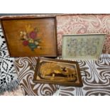 Three various vintage serving trays. To include a poker work, hand painted floral design tray by E