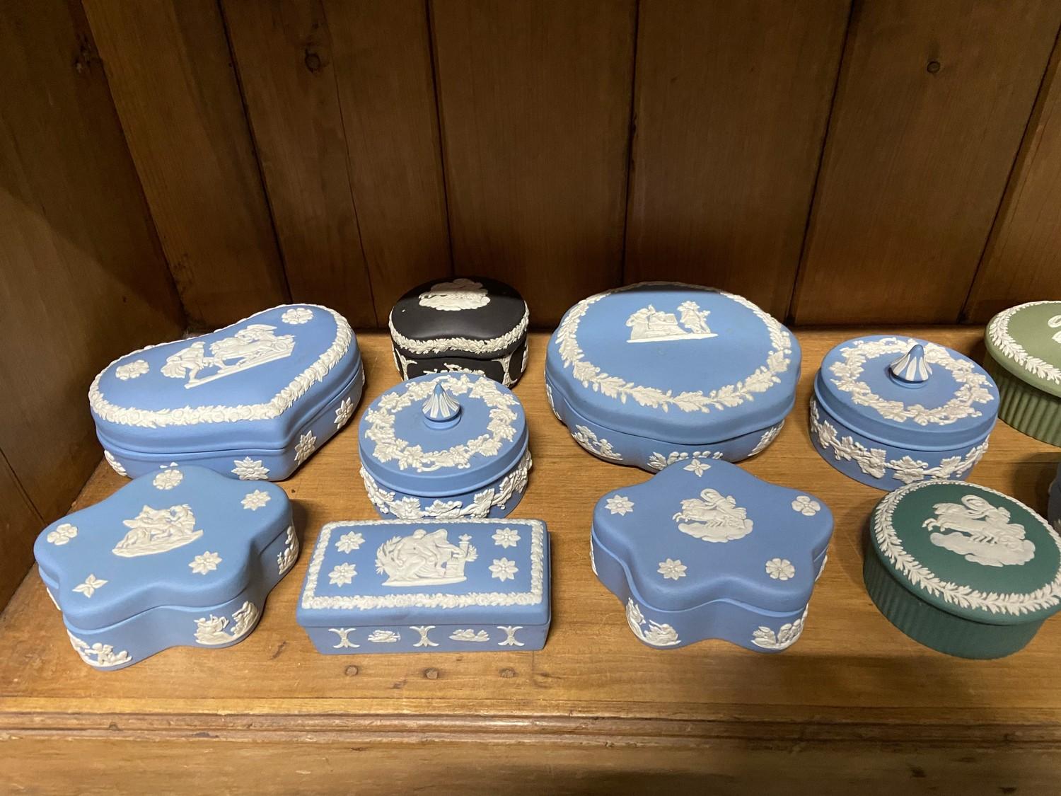 A Shelf of Wedgwood Jasper ware trinket boxes and pin dishes. - Image 2 of 4